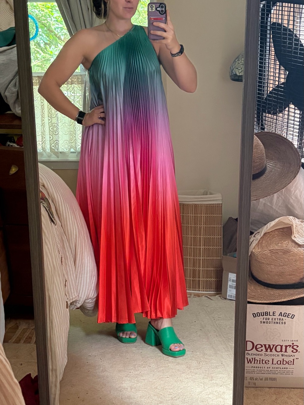 Anthropologie One-Shoulder Ombre Pleated Maxi Dress in Green-Pink